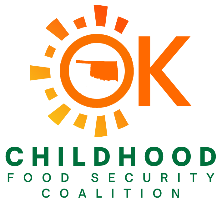 An orange and yellow stylized sun shape that uses the letter O in OK as the round sun with the shape of the state of Oklahoma inside, above green capital letters that read Childhood Food Security Coalition