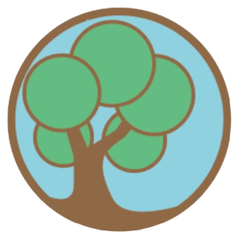 A blue circle with green circles representing leaves on a brown tree.